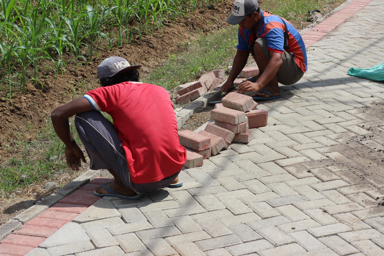Foto : Pekerja mengerjakan dengan menata ulang paving karena bergelombang. (Doc. Rony).